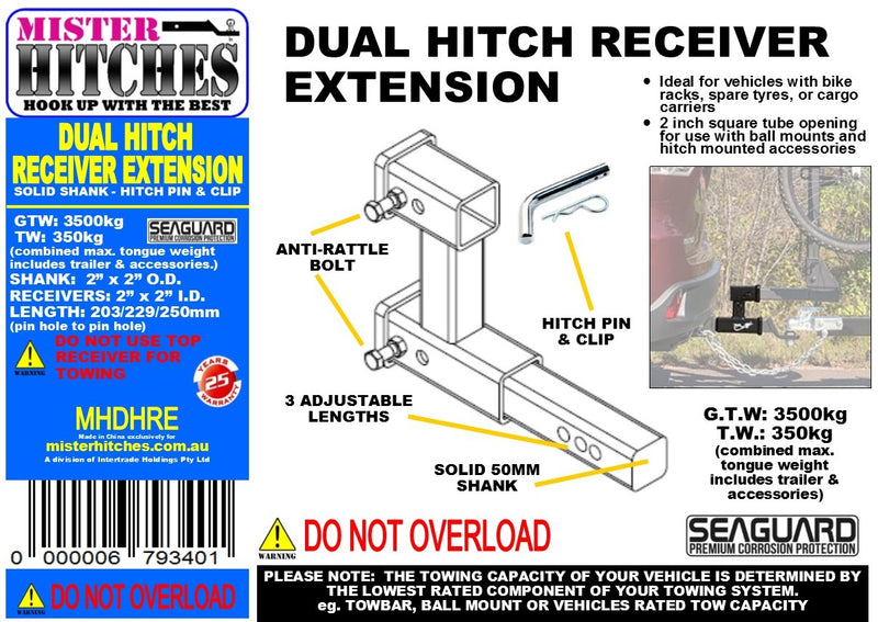 Mister Hitches Dual Hitch Receiver Extension - Solid Shank 3500kg MHDHRE